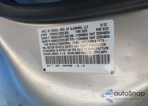 2007 Honda Odyssey Touring from USA, damaged, VIN 5FNRL38887B081738